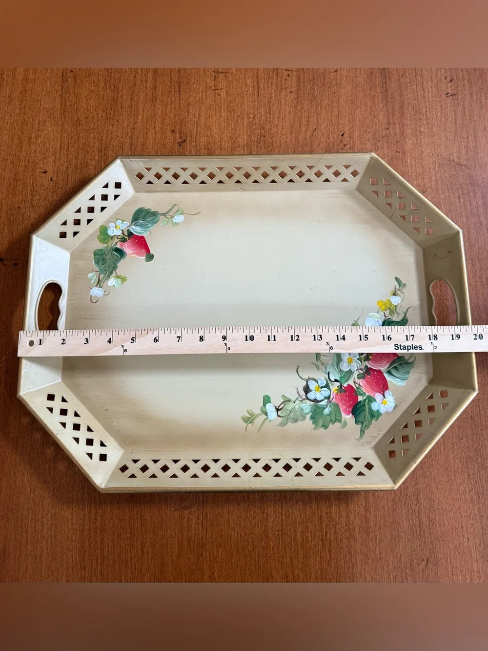 Vintage Nashco Tolware Metal Hand Painted Serving Tray with Strawberry Motif